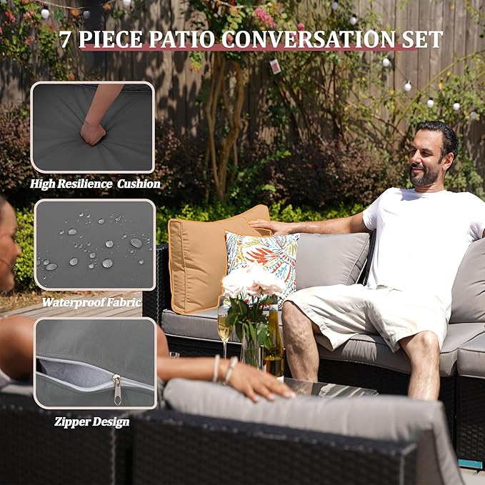 7 Piece Outdoor Patio Furniture Sets, Black Patio Sectional Furniture All-Weather PE Rattan Sectional Sofa, Outdoor Wicker Conversatin Set w Glass Coffee Table for Backyard, Spring, 2026