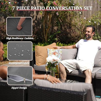 7 Piece Outdoor Patio Furniture Sets, Black Patio Sectional Furniture All-Weather PE Rattan Sectional Sofa, Outdoor Wicker Conversatin Set w Glass Coffee Table for Backyard, Spring, 2026