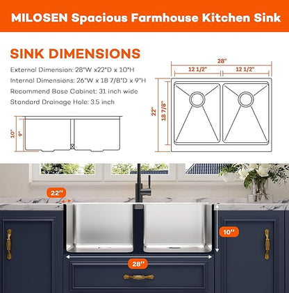MILOSEN 28 Inch Farmhouse Kitchen Sink, 28''x22'' Drop-in Stainless Steel Workstation Apron Front Sink with Accessories, 50/50 Topmount Double Bowl Farm Sinks, 10'' Large and Deep Handmade Sinks