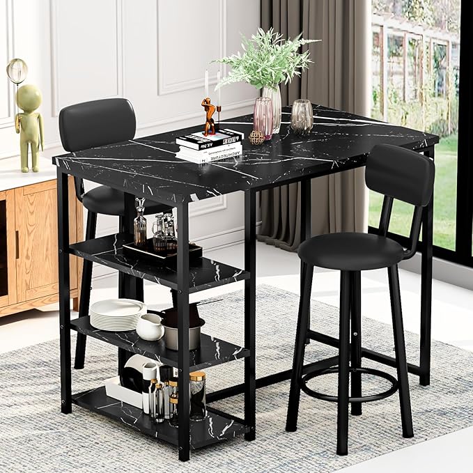 Kitchen Dining Table Set for 2, Bar Table and Chairs Set with 3 Storage Shelves, Tall Dining with 2 PU Leather Backrest Stools for Small Space, Kitchen Island, Apartment, Black