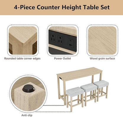 Merax 59 inch Bar Table Set with Power Outlet & Charging Hub, Industrial Solid Wood High Top Table with 3 Linen Upholstered Stools for Kitchen, Living Room, Dining Room,Light Oak+Linen Grey