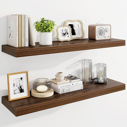 Marsmiles 36" Floating Shelves for Wall, Wooden Shelves with Invisible Brackets Set of 2, Rustic Farmhouse Wall Mounted Shelf for Kitchen Bathroom Living Room Study, Walnut