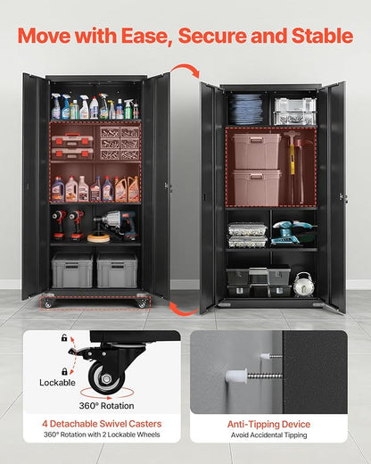 VEVOR Metal Storage Cabinet, 72.6 in Rolling Steel Garage Cabinet with 4 Adjustable Shelves, 2 Magnetic Doors & 2 Keys, 5 Tiers Lockable Tool Storage for Pantry, Warehouse, Basement, Office, Black