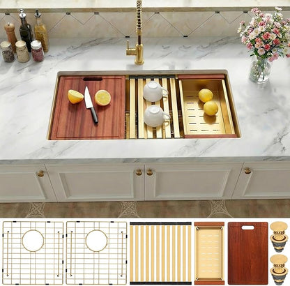 Gold Undermount Kitchen Sink 32 x 18 Inch, 50/50 Double Bowl Kitchen Sinks, 16 Gauge Stainless Steel Workstation Sink with Ledge & Accessories, 32" x 18" x 10" Large and Deep Gold Double Sink