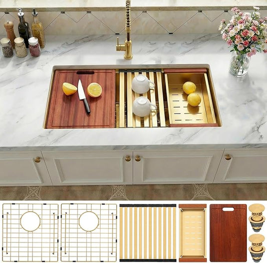 Gold Undermount Kitchen Sink 32 x 18 Inch, 50/50 Double Bowl Kitchen Sinks, 16 Gauge Stainless Steel Workstation Sink with Ledge & Accessories, 32" x 18" x 10" Large and Deep Gold Double Sink