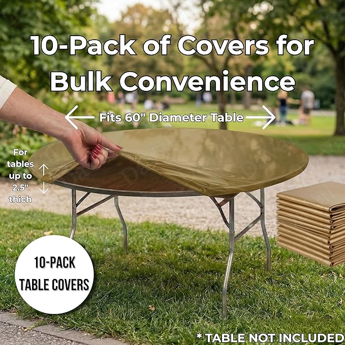 Kwik-Covers 10 Pack of Round Plastic Table Covers - 60" or 72" Round - Indoor or Outdoor Fitted Covers (Tables NOT Included) (Metallic Gold, 60" Round)
