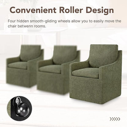 KISLOT Upholstered Dining Chairs Set of 1, Modern Dining Room Chairs with Casters & Washable Cover, Rolling Accent Chair with Hidden Storage for Kitchen, Farmhouse, Living Room, Green, 1 Box