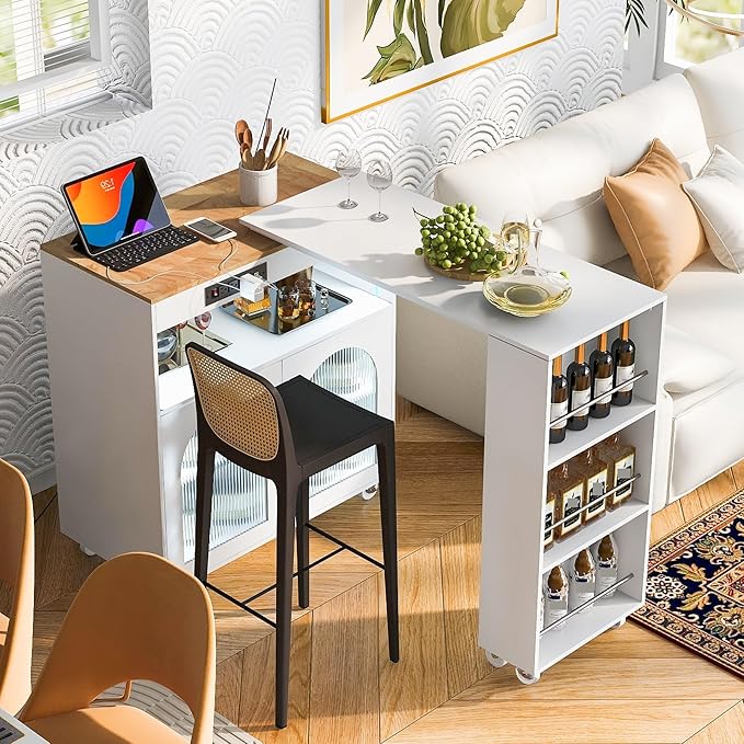 Rolling Kitchen Island with Extended Table and Power Outlets 2 Fluted Glass Doors Storage Compartment 3 Side Open Shelves Practical(White)