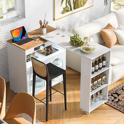 Rolling Kitchen Island with Extended Table and Power Outlets 2 Fluted Glass Doors Storage Compartment 3 Side Open Shelves Practical(White)