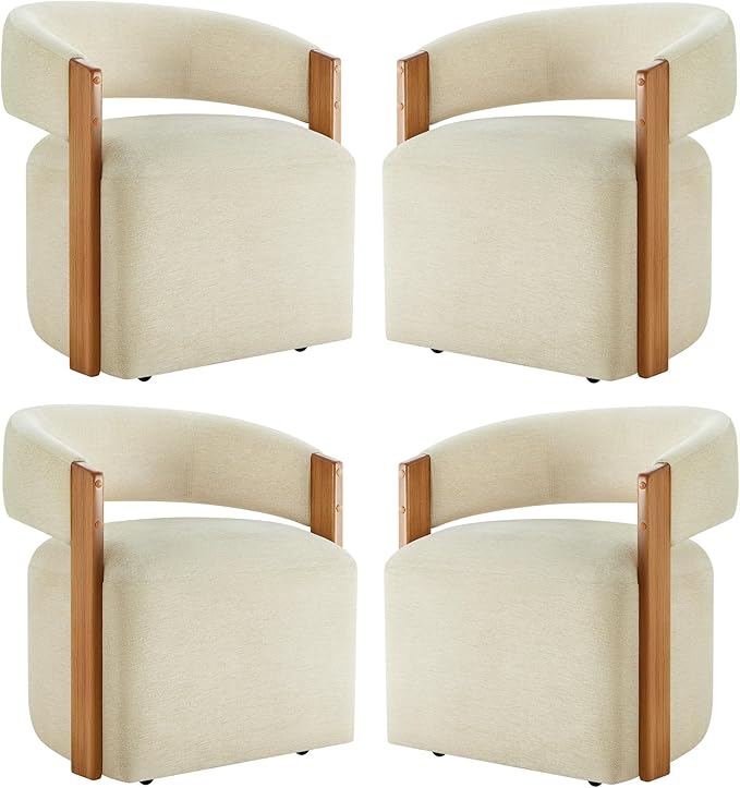 KISLOT Upholstered Dining Chairs with Casters, Modern Barrel Side Armchair with Rollers & Wooden Armrest for Dining Room, Bedroom, Kitchen, Reading Room, Sand, Set of 4