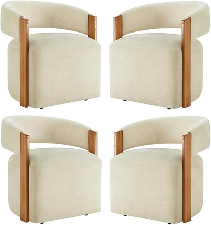 KISLOT Upholstered Dining Chairs with Casters, Modern Barrel Side Armchair with Rollers & Wooden Armrest for Dining Room, Bedroom, Kitchen, Reading Room, Sand, Set of 4