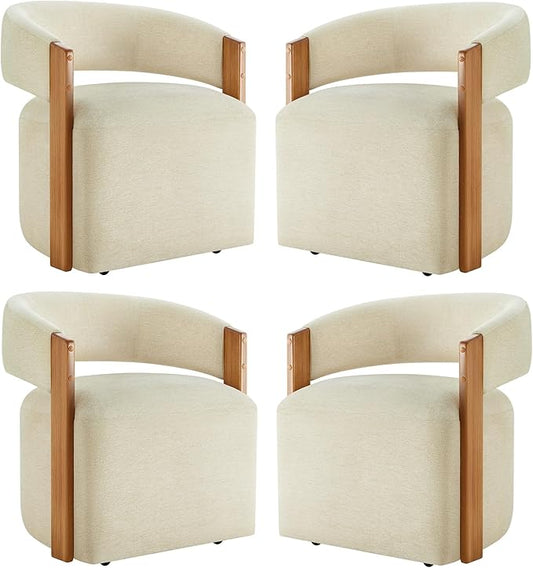 KISLOT Upholstered Dining Chairs with Casters, Modern Barrel Side Armchair with Rollers & Wooden Armrest for Dining Room, Bedroom, Kitchen, Reading Room, Sand, Set of 4