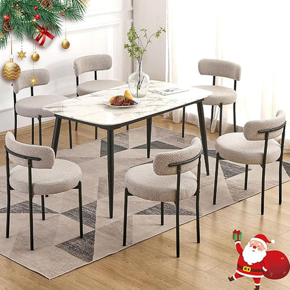 EDWELL Grey Dining Chairs Set of 6, Mid Century Modern Dining Room Chairs with 3.94” Cushions, Round Upholstered Boucle Chairs with Black Metal Legs for Kitchen, Living Room