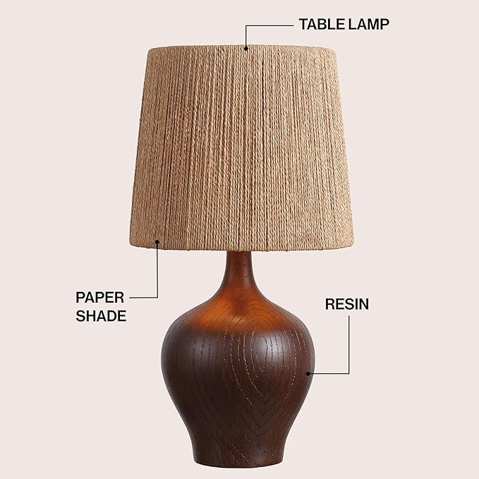 JONATHAN Y 23" Dark Brown Wood Finish Rustic Farmhouse Resin Gourd LED Table Lamp for Bedroom, Living Room, Nightstand, with Brown Paper Rope Shade, LED Bulb Included (JYL9200B)