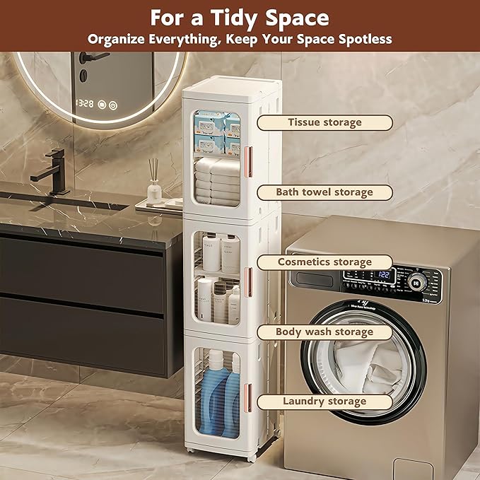 Tall Narrow Storage Cabinet with Movable Wheels, Adjustable Shelves & Magnetic Doors – Foldable Slim Plastic Organizer for Bathroom, Kitchen, Laundry, Ideal for Small Spaces(4-Tier,White)