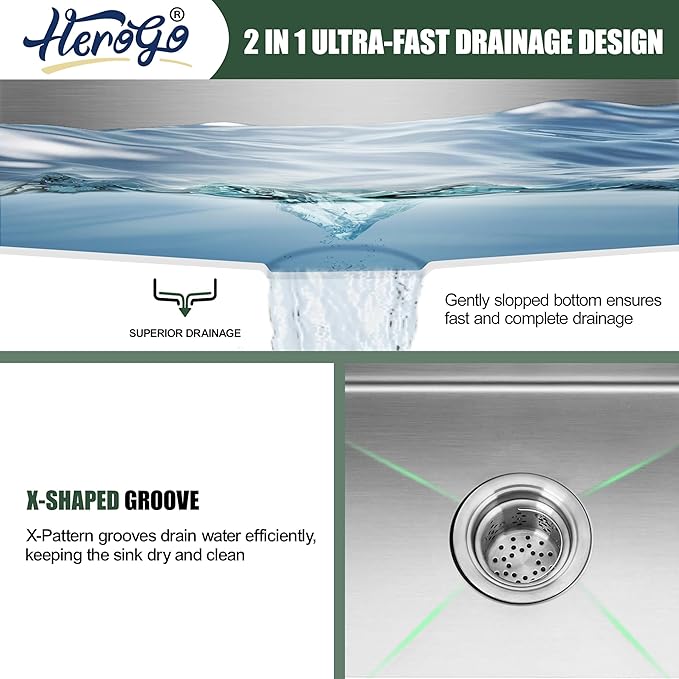 25x22Inch Drop In Kitchen Bar Sink, Herogo Stainless Steel Handmade 10'' Deep Topmount Single Bowl Kitchen Workstaion Rv Sink Basin for Laundry Room Utility with Accessories