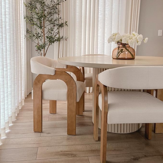 Farmhouse Dining Chairs Set of 6 - Upholstered Armchairs with Linen Cushions & Curved Wooden Arms, Barrel Wood Kitchen Chairs for Dining Room/Cafe/Kitchen Island (Oatmeal Beige)