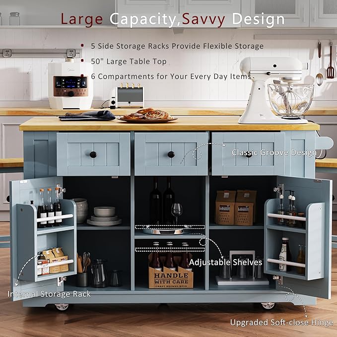 Large Kitchen Island Cart on 5 Wheels with 2 Bar Stools, Power Outlet, 3 Drawers, Kitchen Storage Cart with 5 Open Side Racks, Drop Leaf for Kitchen, Dining Room, Home Bar Grey Blue
