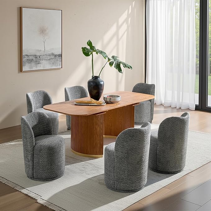 HULALA HOME Boucle Swivel Dining Chairs Set of 6 - Upholstered Barrel Kitchen Chair with 360 Degree Rotation, Gray Modern Accent Vanity Chair for Dining Living Room, Bedroom, Makeup Room