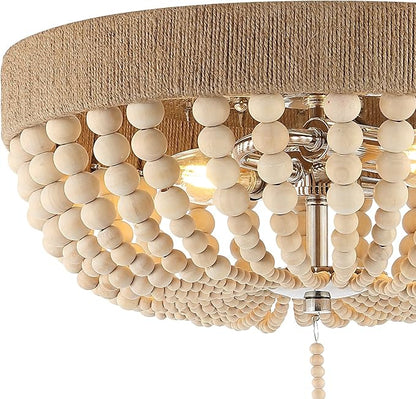 JONATHAN Y 14" Light Taupe and Polished Nickel 2-Light Wood Bead Iron Flush Mount, Farmhouse Bohemian Ceiling Light for Bedroom Hallway, UL Listed, LED Bulbs Included JYL1307A