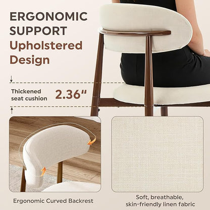 Beige Dining Chairs Set of 2, Modern Fabric Upholstered Dining Room Chair with Wood-Grain Metal Legs, Farmhouse Kitchen Side Chairs for Home and Restaurant, Walnut Metal Legs(Only Chair)
