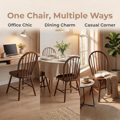 chairus Farmhouse Walnut Dining Chairs Set of 6, Windsor Wooden Dining Room Chairs with Spindle Bow Back, Modern Cottage Armless Side Kitchen Chairs