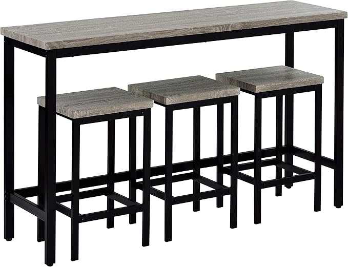 4-Piece Counter Height Extra Long Dining Table Set, Bar Table Set with 3 Stools, Side Table with Footrest Pub Kitchen Set (Gray)