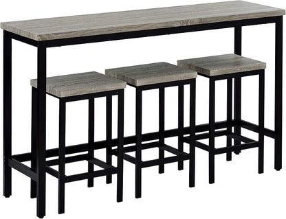 4-Piece Counter Height Extra Long Dining Table Set, Bar Table Set with 3 Stools, Side Table with Footrest Pub Kitchen Set (Gray)