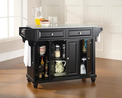 Crosley Furniture Cambridge Granite Top Rolling Kitchen Island Storage Cart, Microwave Stand, Spice Rack, Black