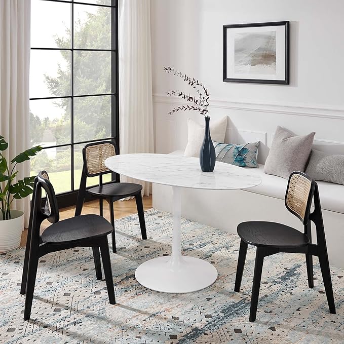 Modway Lippa 54" Oval-Shaped Mid-Century Modern Dining Table with Artificial Marble Top and White Base