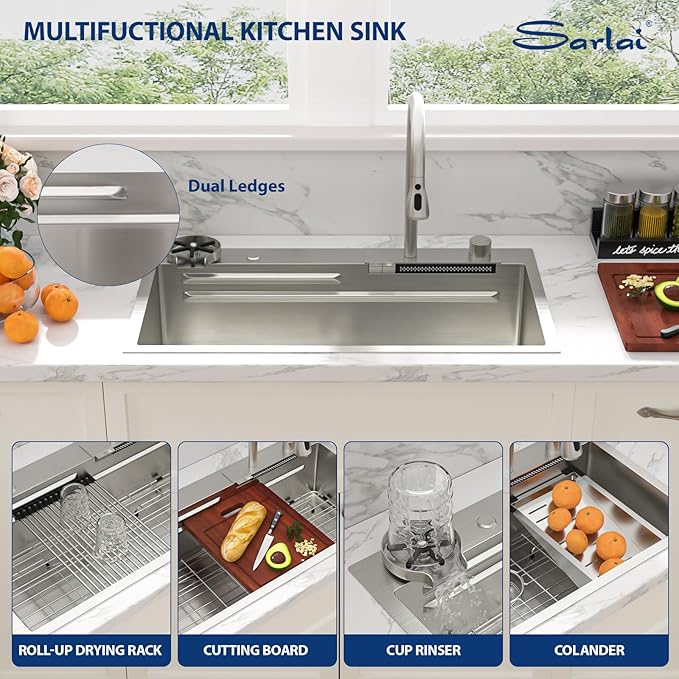 Sarlai Waterfall Kitchen Sink - 33 Inch Drop In Workstation Sink With Waterfall Stainless Steel 16 Gauge Multifunction Single Bowl Smart Top Mount Kitchen Sinks with Mechanical Keys 33x19x9 Inch