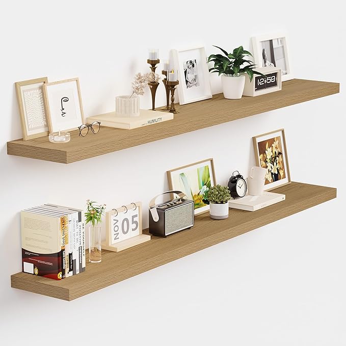 Vivelove 48 Inch Floating Shelves for Wall, 48x9 Display Shelves for Bathroom Living Room Kitchen Bedroom Office Farmhouse Home Decor - Set of 2, Oak