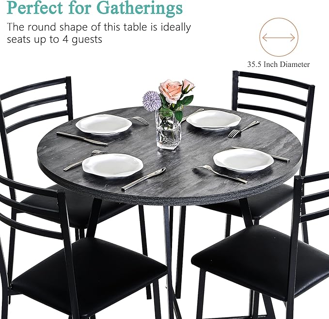 VECELO Round Dining Table Set for 4, Wood Tabletop & Heavy-Duty Steel Frame, 7-Piece Dinette with Chairs for Kitchen, Breakfast Nook, Dark Grey & Black