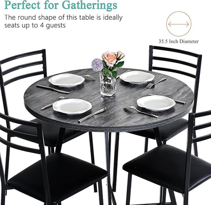 VECELO Round Dining Table Set for 4, Wood Tabletop & Heavy-Duty Steel Frame, 7-Piece Dinette with Chairs for Kitchen, Breakfast Nook, Dark Grey & Black