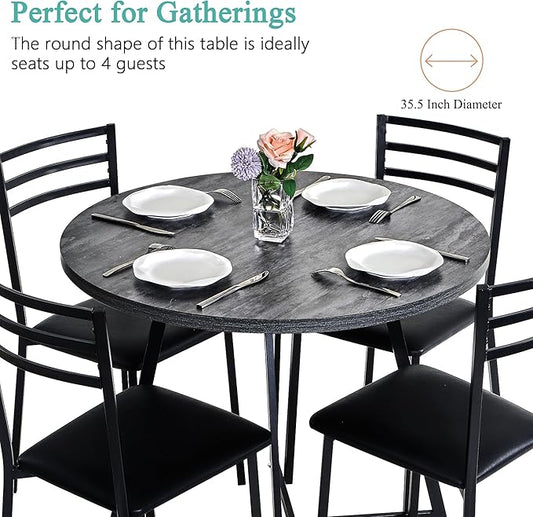 VECELO Round Dining Table Set for 4, Wood Tabletop & Heavy-Duty Steel Frame, 7-Piece Dinette with Chairs for Kitchen, Breakfast Nook, Dark Grey & Black