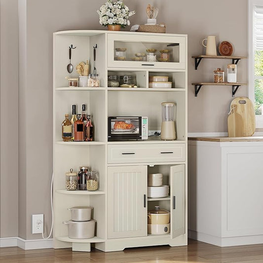 DWVO Kitchen Pantry Cabinet with Drawer, 67" Farmhouse Baker Rack with Power Outlets, Buffet Sideboard w/Microwave Stand, Cupboard Hutch Storage Cabinet for Kitchen, Living Room, Dining Room (White)