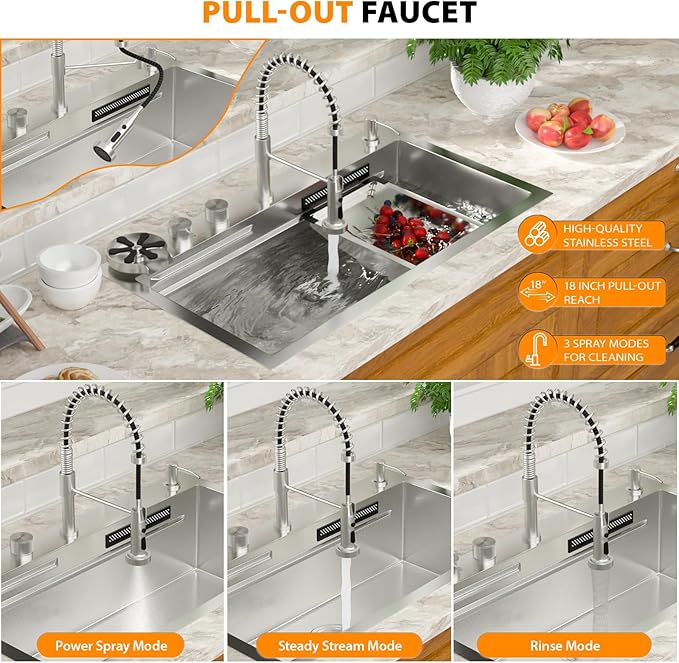 Mocoloo 30 Inch Honeycomb Waterfall Kitchen Sink Drop in, 30x19 Inch Stainless Steel Workstation Sink 16 Gauge Topmount Single Bowl Sink with Complete Kit
