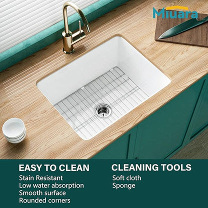 Miuara White Undermount Kitchen Sink 24 Inch - Small Topmount Fireclay Bar Sink Drop In 24"x19"x11", Dual Mount Deep Single Bowl, w 2 Accessories, Glossy White, for Kitchen & Laundry & Small Space
