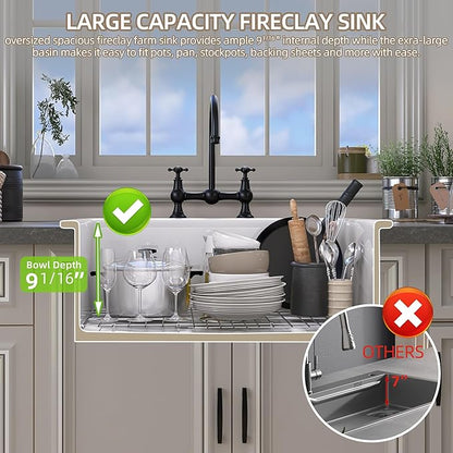 GETPRO White Undermount Kitchen Sink 32 inch Fireclay Farm Sink Drop in 32X19 Dual Mount Farmhouse Single Bowl Topmount Deep Basin with Accessory Easy to Clean for Bar, Kitchen, Laundry