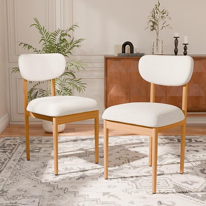 Casaphoria Upholstered Dining Chairs Set of 2, Mid-Century Modern Kitchen Chairs with Solid Wood Legs & Thick Cushion, Ergonomic Fabric Accent Chairs for Dining Room, Vanity & Office, White