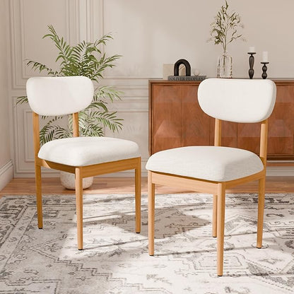 Casaphoria Upholstered Dining Chairs Set of 2, Mid-Century Modern Kitchen Chairs with Solid Wood Legs & Thick Cushion, Ergonomic Fabric Accent Chairs for Dining Room, Vanity & Office, White