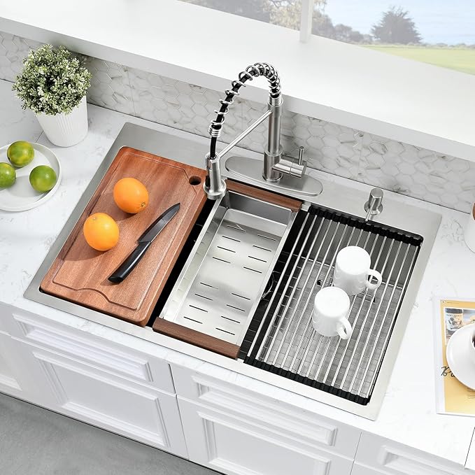 33 Inch Drop In Kitchen Sink - 33x22 Kitchen Sink Drop In,16 Gauge Stainless Steel Topmount, 10" Deep Single Bowl Workstation Sinks with Accessories