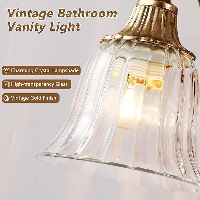 Gold Vintage Bathroom Light Fixtures, 3-Lights Bathroom Vanity Light, Antique Brushed Gold Lighting Fixtures Over Mirror with Crystal Glass Shade, Wall Sconce Lighting