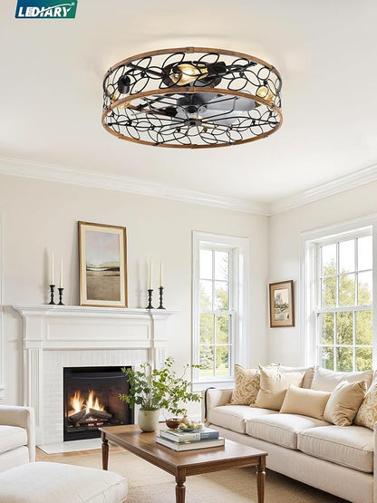LEDIARY 23 Inch Caged Ceiling Fans with Lights, Farmhouse Flush Mount Ceiling Fan with Remote, Large Low Profile Ceiling Fan Light Fixture for Bedroom, Kitchen, Dining Room