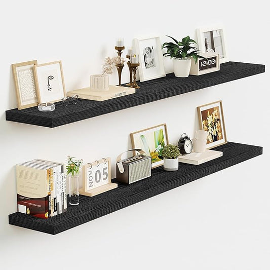 Vivelove 48 Inch Floating Shelves, Deep Wall Shelves with Invisible Brackets, Display Shlf for Bathroom Living Room Kitchen Bedroom Office Farmhouse Home Decor, 48" X 9.3" X 1.5" - Set of 2, Black