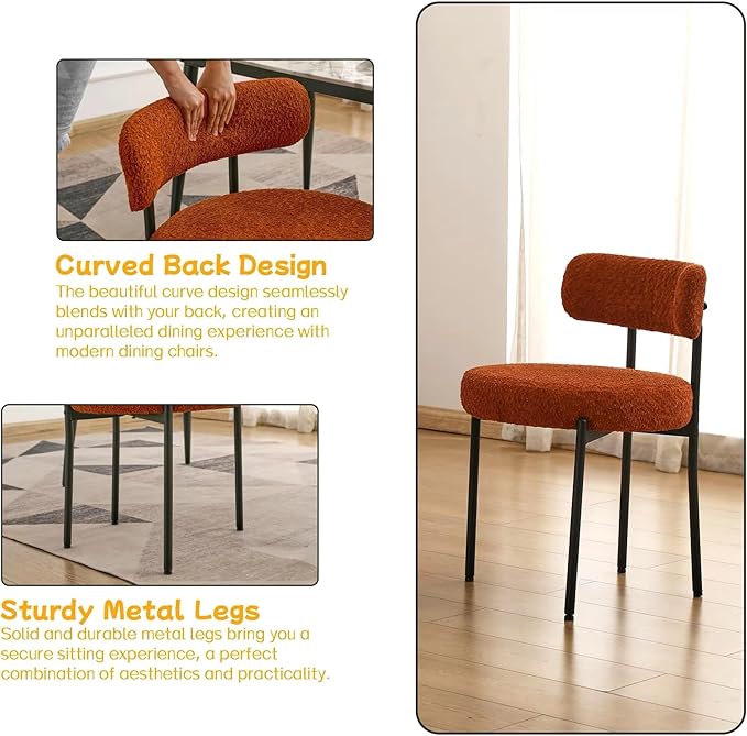 EDWELL Orange Dining Chairs Set of 4, Mid-Century Modern Dining Room Chairs with Thick Cushion, Round Upholstered Boucle Chairs for Kitchen, Living Room, Armless Kitchen Chairs with Black Metal Legs