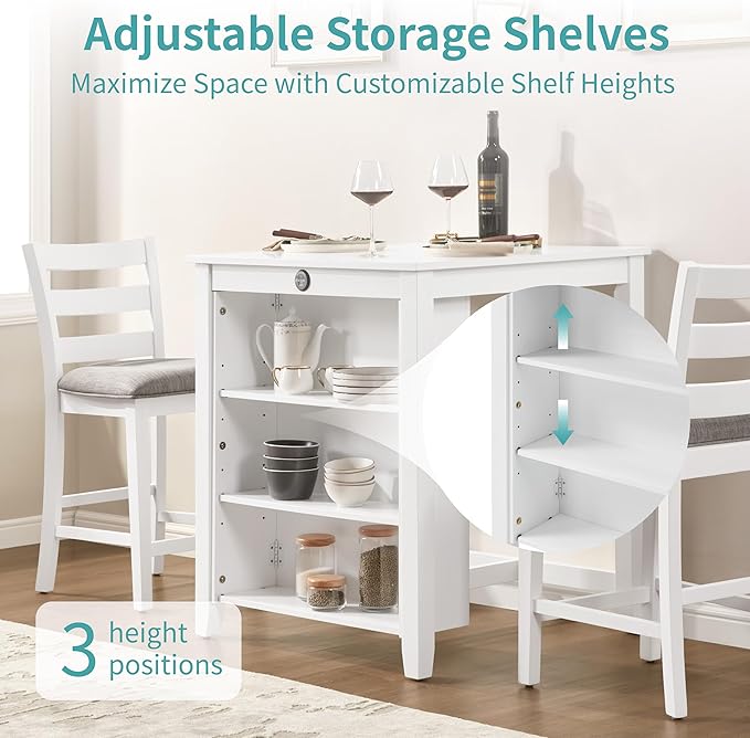 Bar Table Set with Charging Station & 3-Tier Storage, Space-Saving Dining Table Set for 2 with Upholstered Chairs, Small Kitchen Island for Apartment (30 Inch+White)