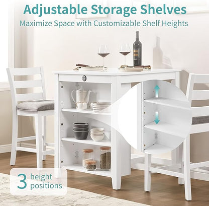 Bar Table Set with Charging Station & 3-Tier Storage, Space-Saving Dining Table Set for 2 with Upholstered Chairs, Small Kitchen Island for Apartment (30 Inch+White)