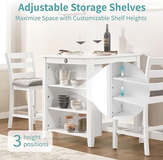 Bar Table Set with Charging Station & 3-Tier Storage, Space-Saving Dining Table Set for 2 with Upholstered Chairs, Small Kitchen Island for Apartment (30 Inch+White)