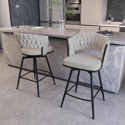 26" Bar Chair Linen Woven Bar Stool Set of 2,Black Legs Bar stools No Adjustable Kitchen Island Chairs,360 Swivel Bar Stools Upholstered Bar Chair Counter Stool Arm Chairs with Back Footrest (White)
